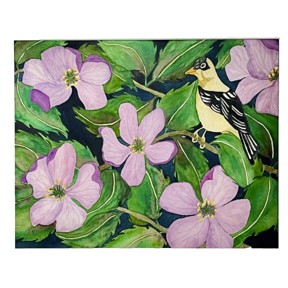 PAINTING WATERCOLOR ORIGINAL ART PINK PURPLE CHERRY FLOWERS BIRD 11X14 MAT 16X20